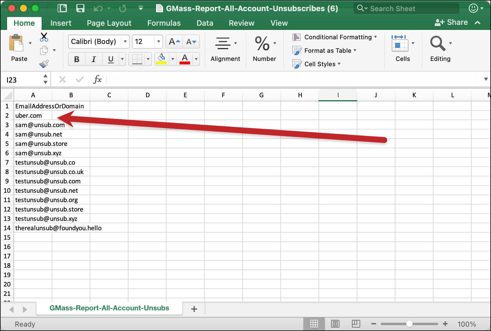 CSV of unsubscribes with the domain at the top