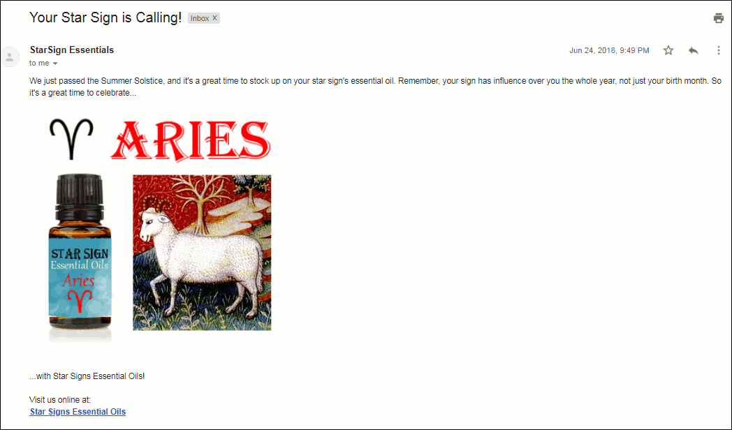 The email Brandon (the Aries) receives showing an Aries related image.