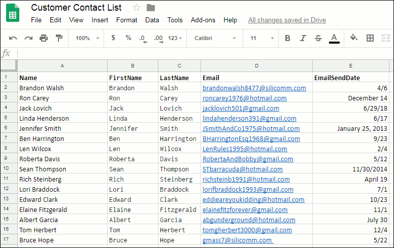 Customer contact spreadsheet showing dates on which emails are to be sent out.