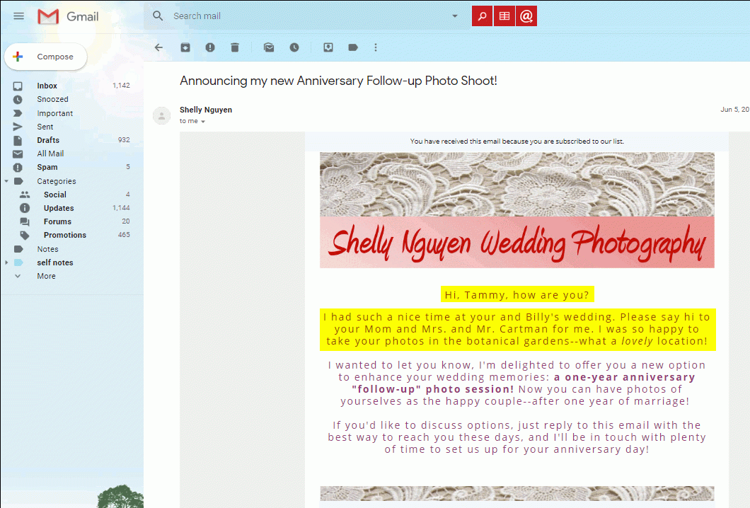 The received multi-lined text personalized HTML email shown in the browser.