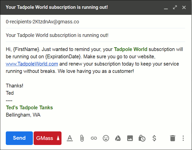 An email that makes use of the ExpirationDate tag used in the previous spreadsheet.
