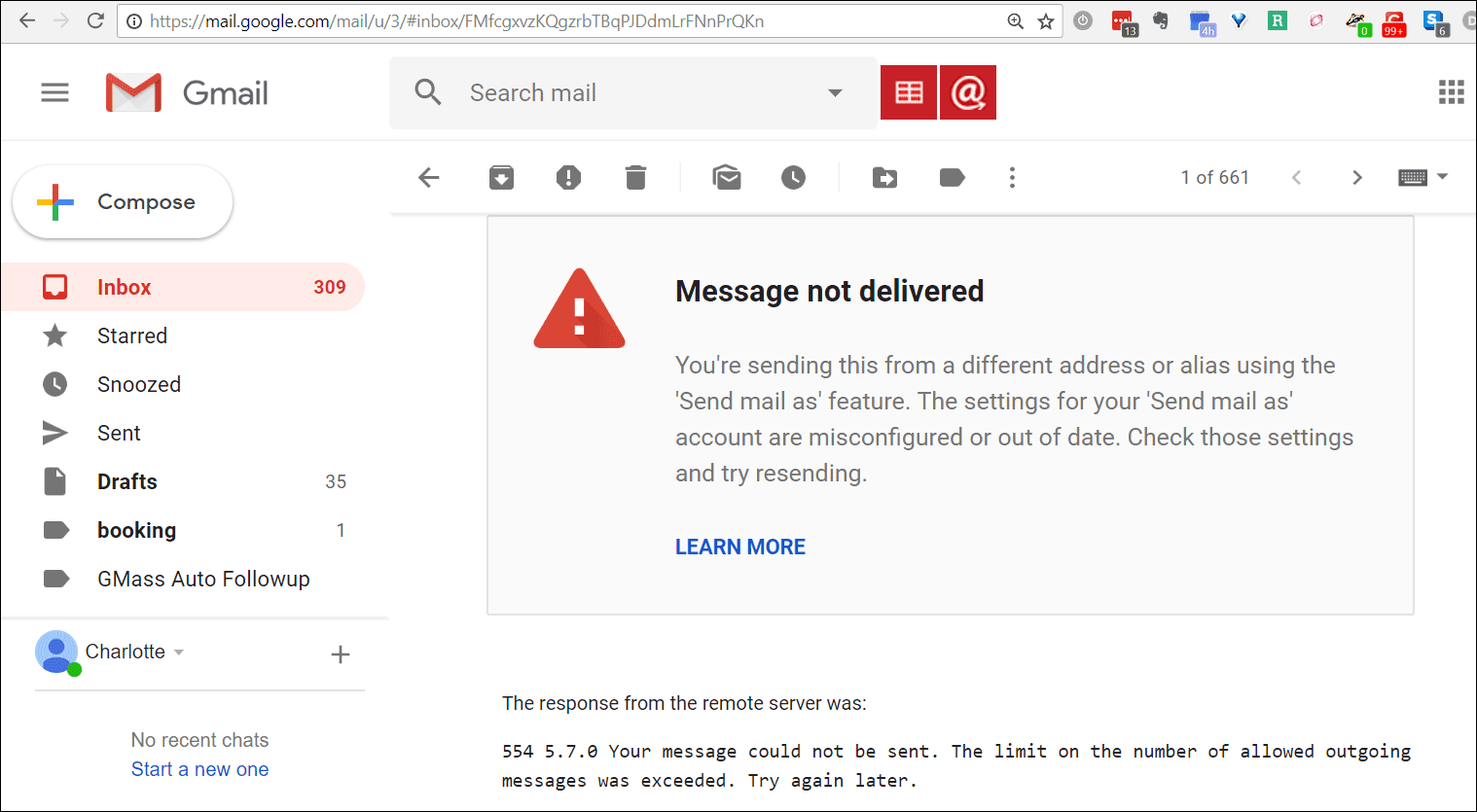 Resolving "Message not delivered" bounces from Gmail because your "Send mail as" settings are misconfigured