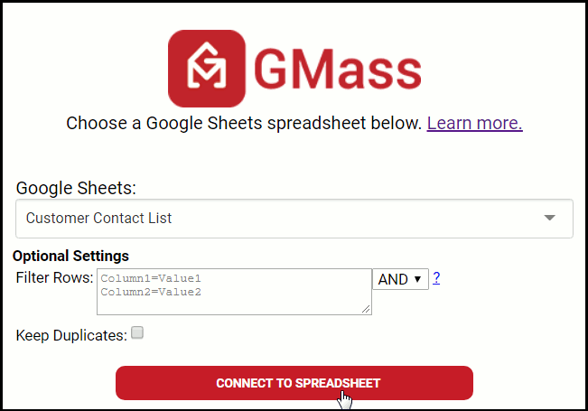 About to connect to a Google Sheets spreadsheet with GMass.