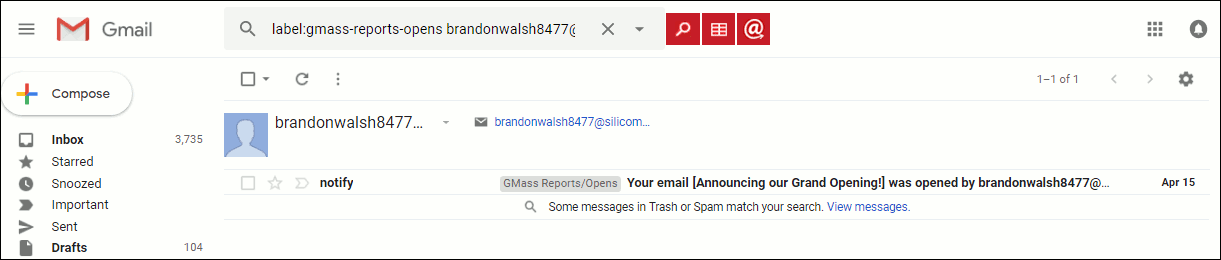 A search for occasions when a particular user opened GMass-sent emails.