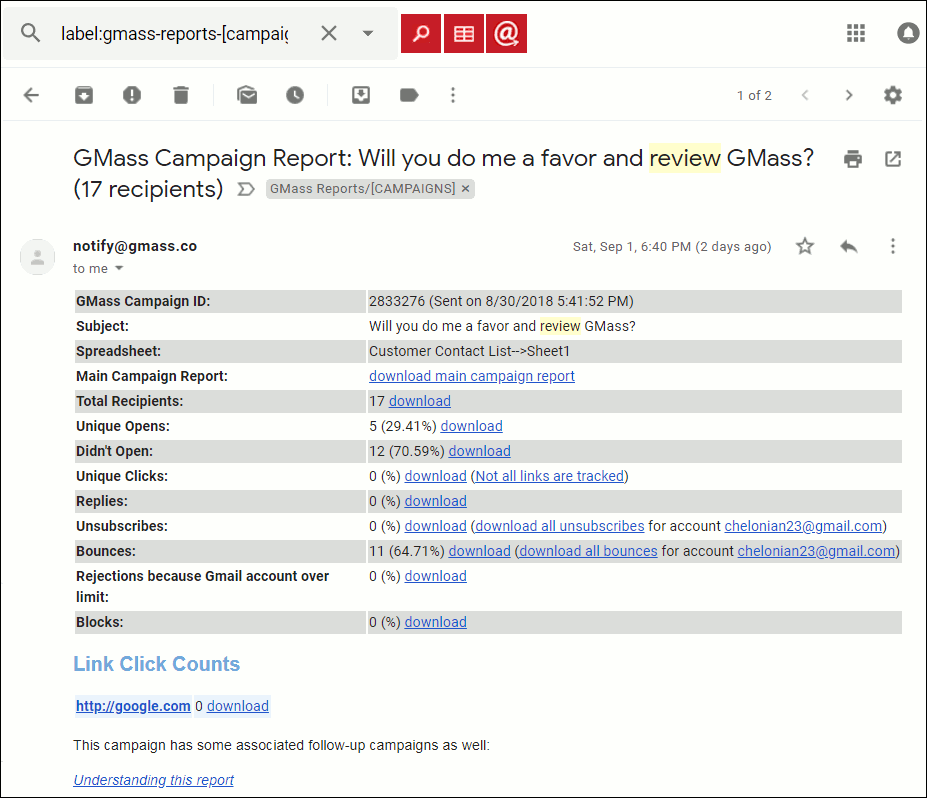 The GMass campaign report from the searched-for campaign.