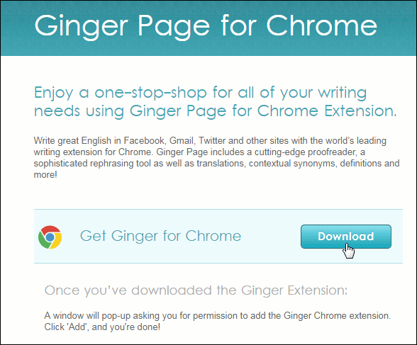 Ginger Page for Chrome asking user to "Download" the extension.