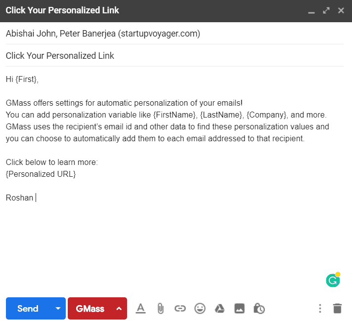 Shows how GMass personalizes your emails.