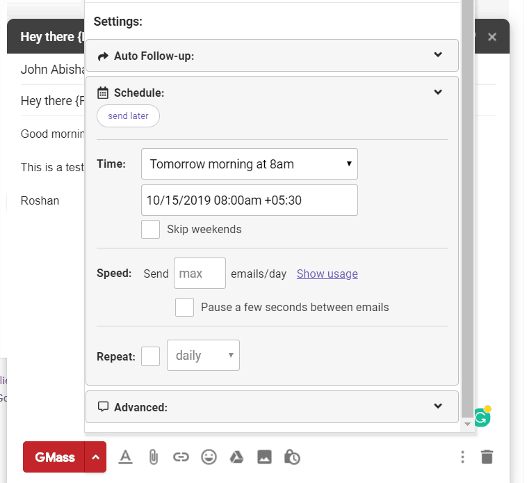 Shows GMass' scheduling settings.