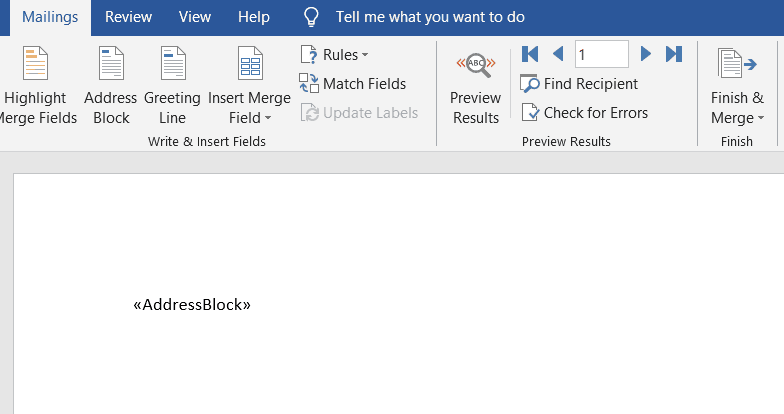 shows the address block tag inserted into word