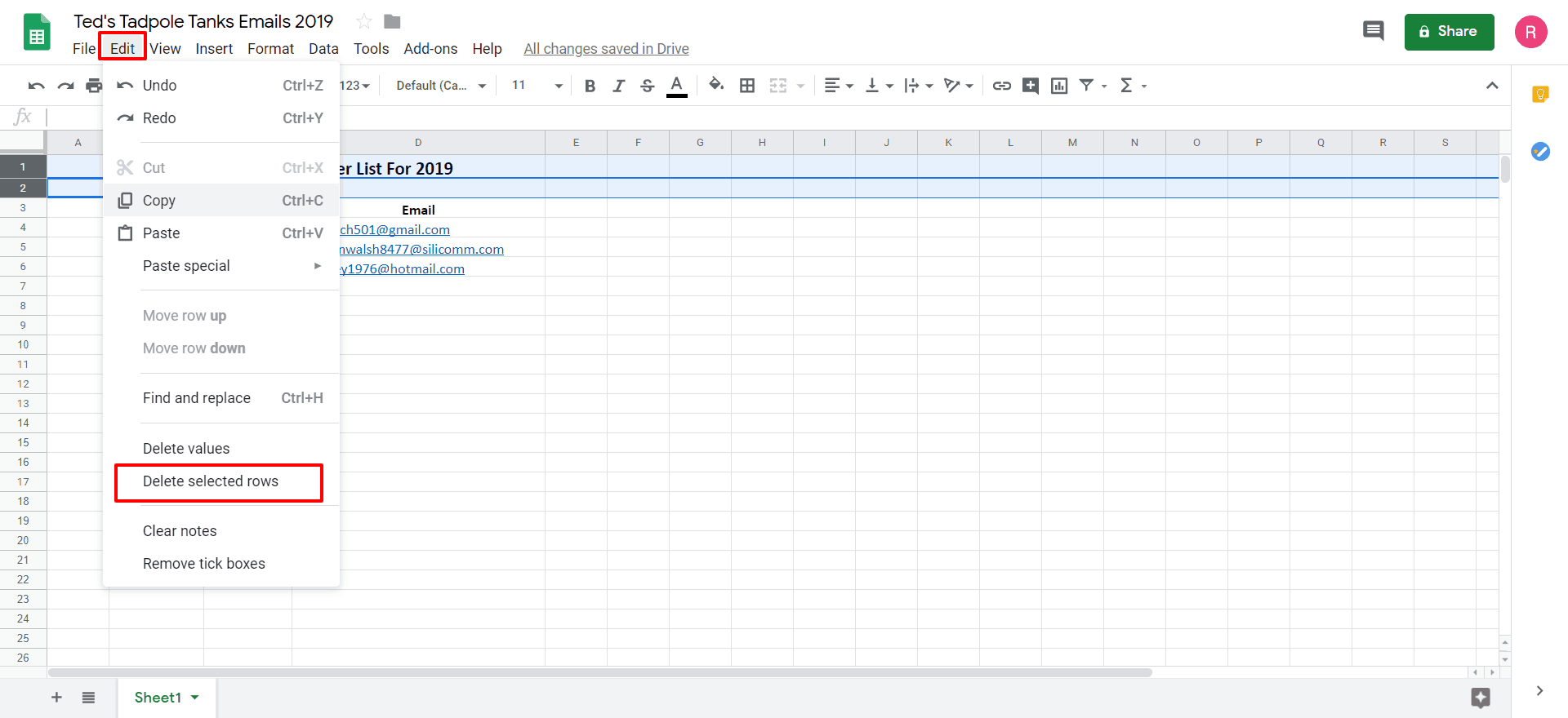 shows the Edit menu in GSheets