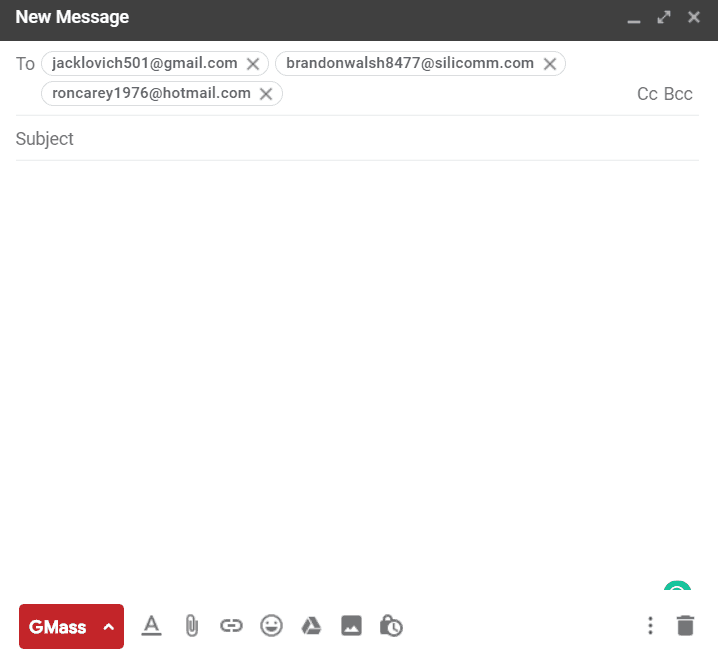 shows a new compose window in Gmail with email ids from the GSheets inserted