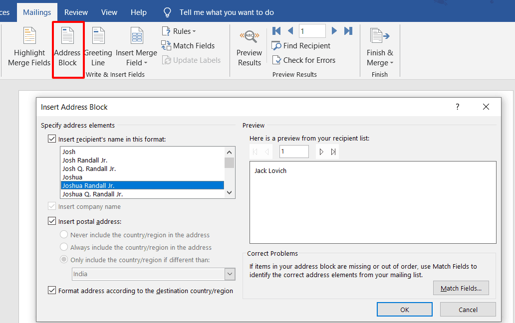 shows the Insert Address Block window in word