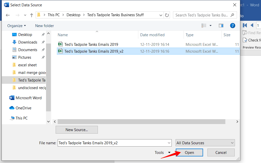 shows the word file picker window
