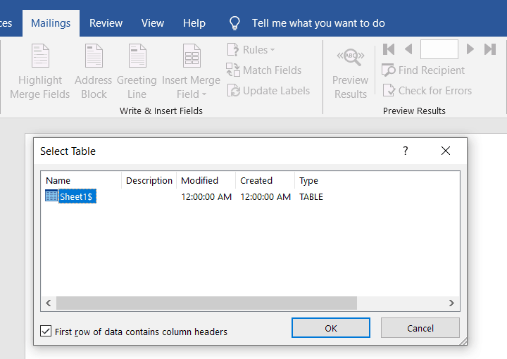 shows the window to select the excel sheet you want to merge with word