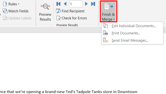 shows the Finish & Merge drop-down list in word