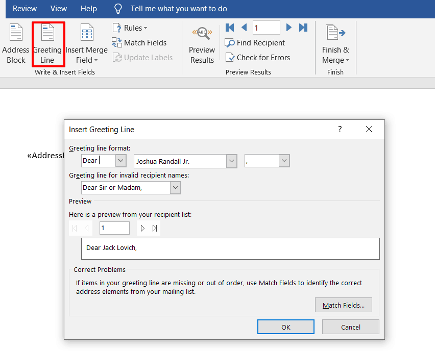 shows the Insert Greeting Line window in word