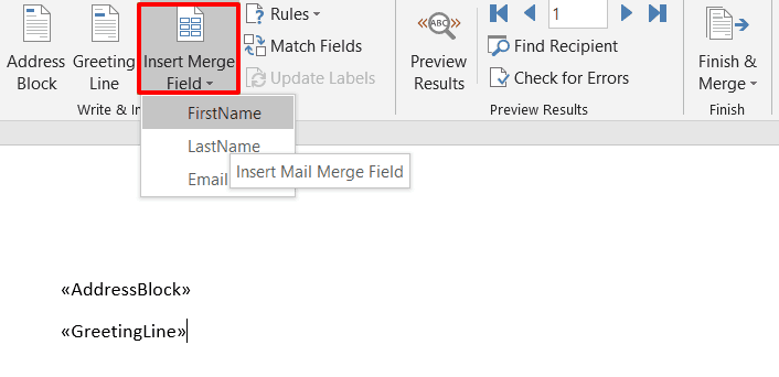 shows the insert other fields menu in word