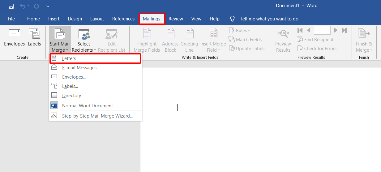 shows different mail merge documents in word