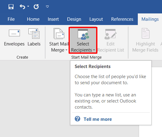 shows the Select Recipients tab in word