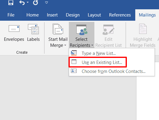 shows the select recipients menu in word