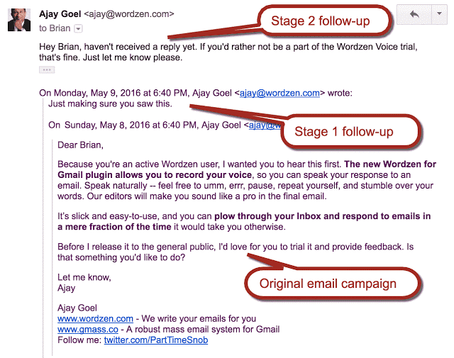 example of Gmass follow-up email sequence