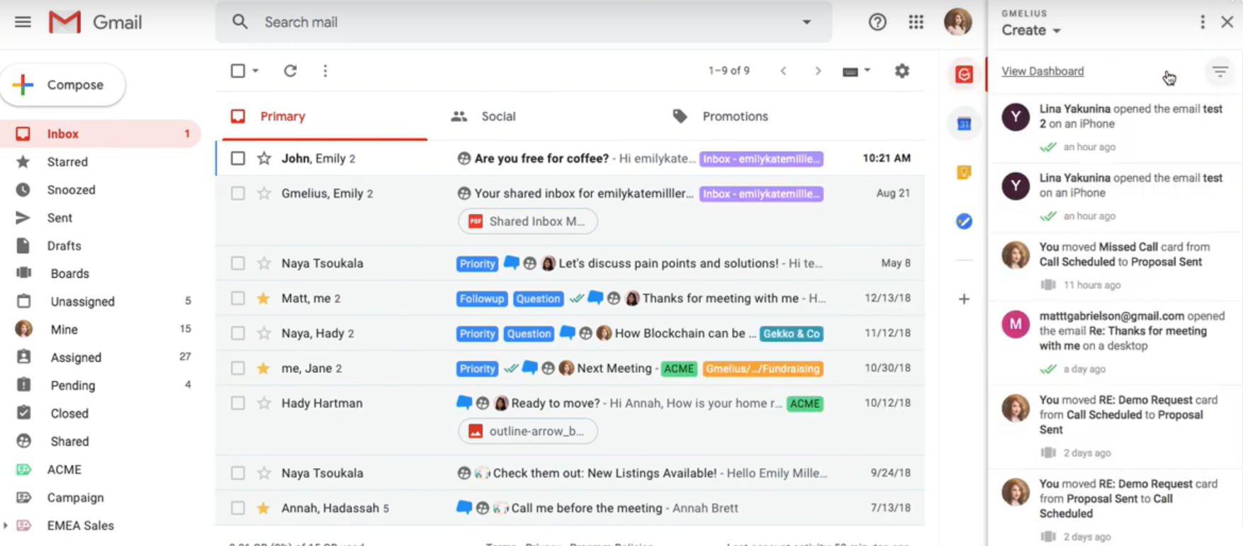 Gmelius interface within Gmail