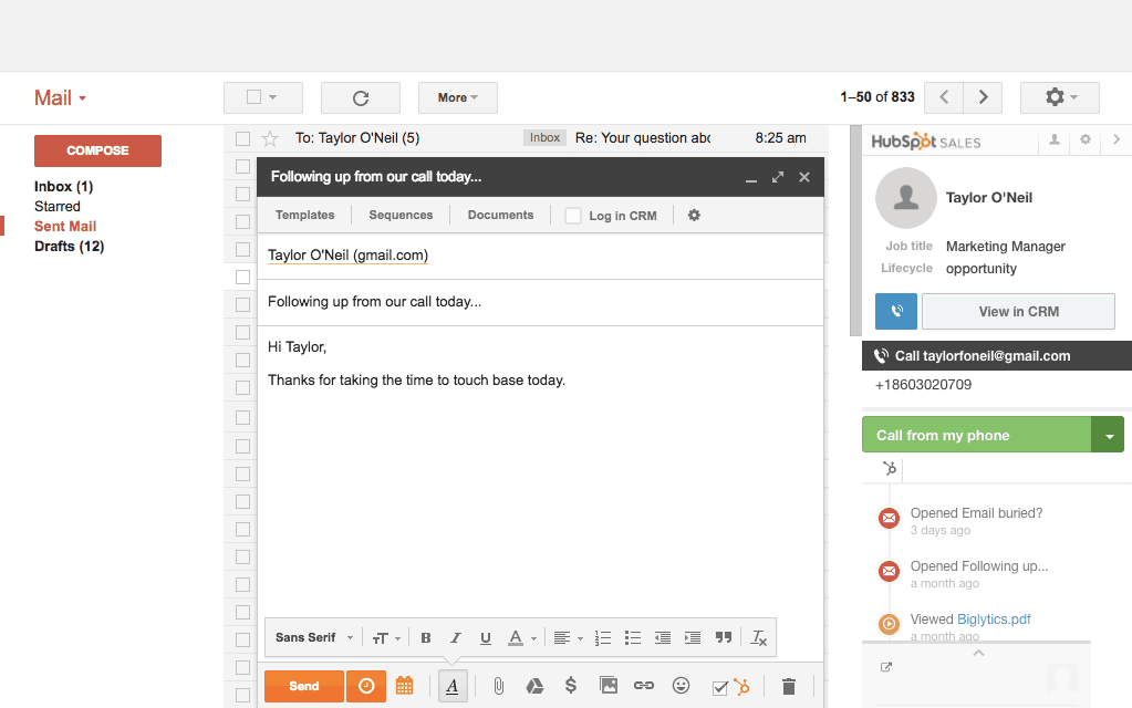 Hubspot interface within Gmail