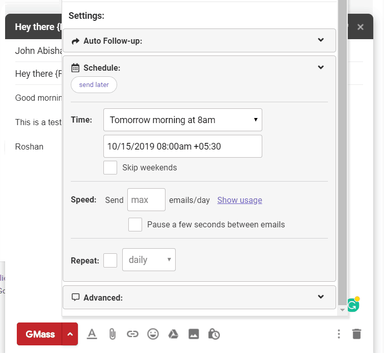 GMass interface showing scheduling window