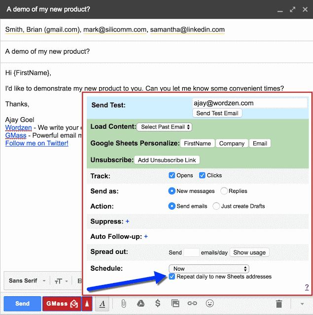 GMass interface showing mail merge automation