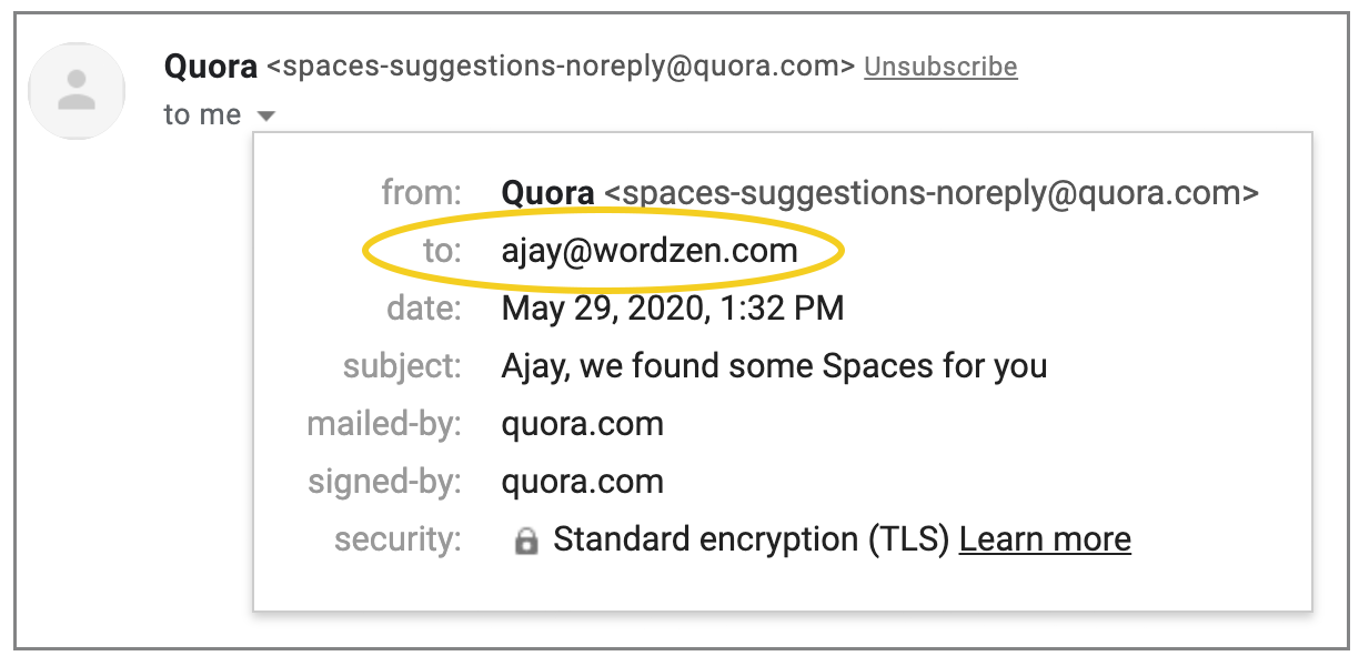unpersonalized Quora TO header