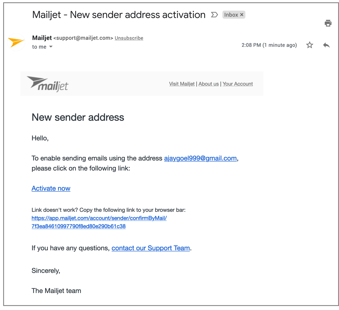Mailjet new sender activation
