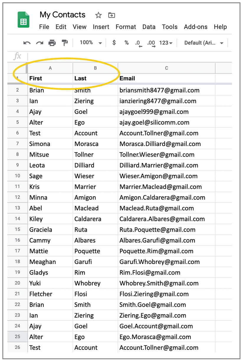 Google Sheet with First and Last name columns