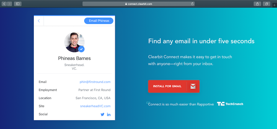 Clearbit Connect homepage