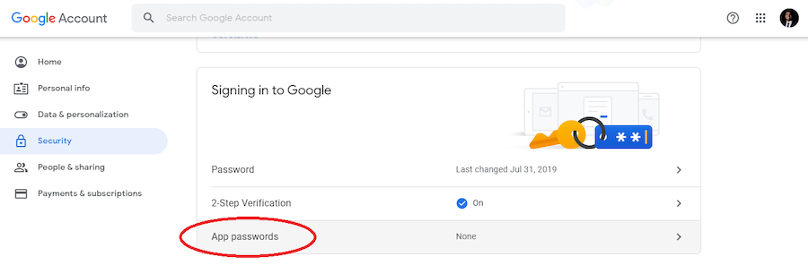 Google Security settings showing App passwords option