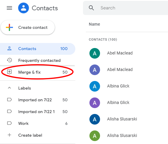 Google Contacts interface showing the Merge & fix option