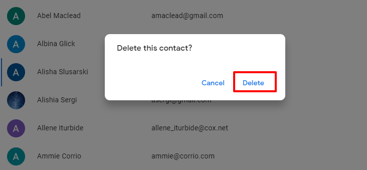 Google Contacts interface showing the Delete icon in the Delete this contact dialog box