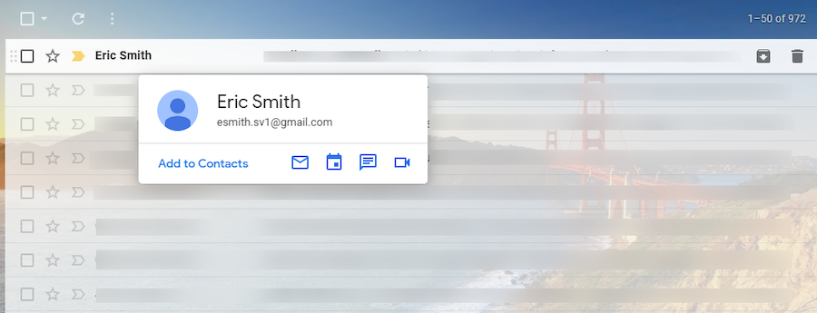 Gmail interface showing a sender's contact information