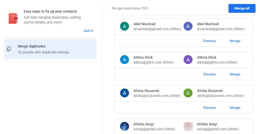Google Contacts interface showing the Merge & fix page