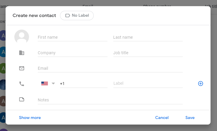 Google Contacts interface showing the Create new contact form