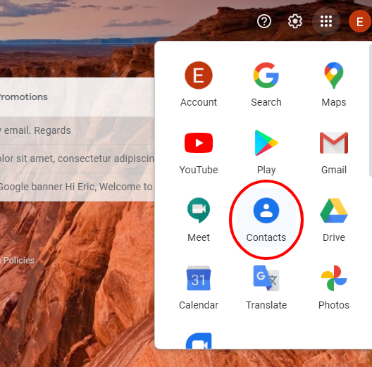 Gmail interface showing the Google Contacts icon in the Google Apps drop-down menu