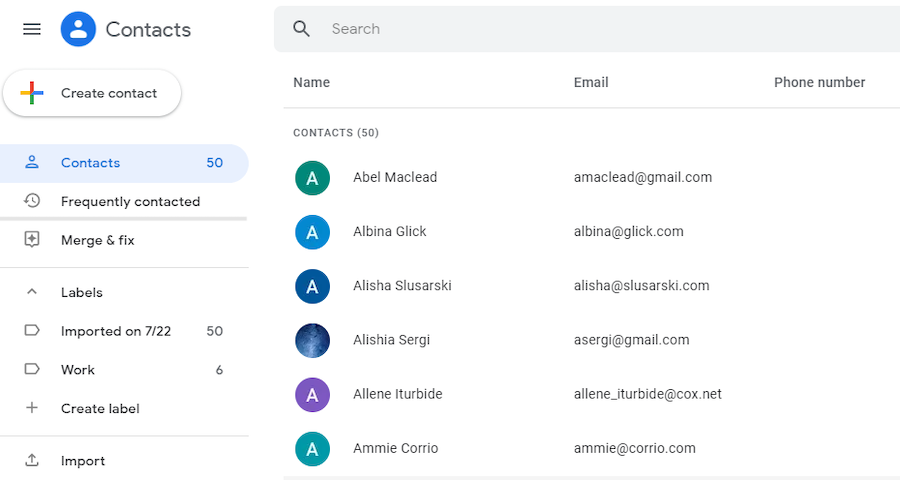 Gmail Contacts interface