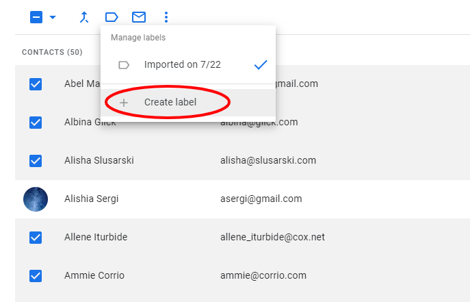 Google Contacts interface showing the Create label option