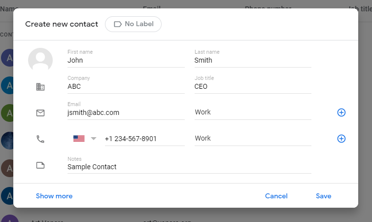 Google Contacts interface showing a filled new contact form