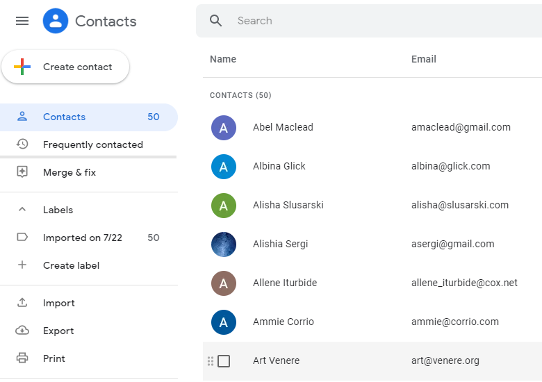 Google Contacts interface