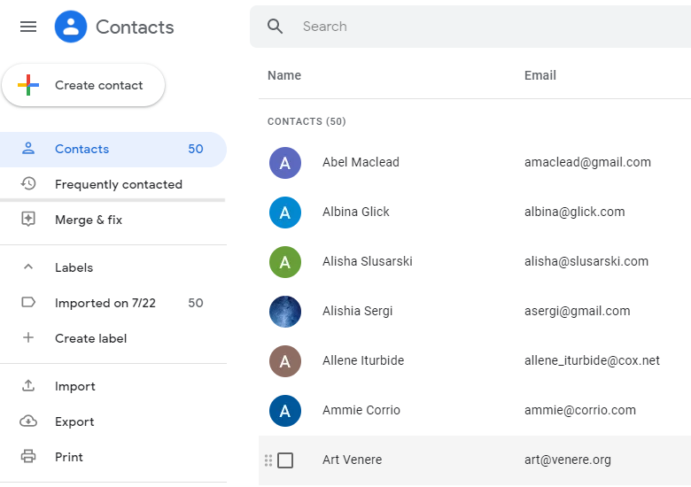 backed up contacts on gmail