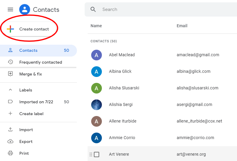 Google Contacts interface showing the Create Contact button