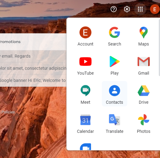 Gmail interface showing the Google Apps drop-down menu