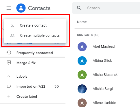 Google Contacts interface showing the Create Contacts options