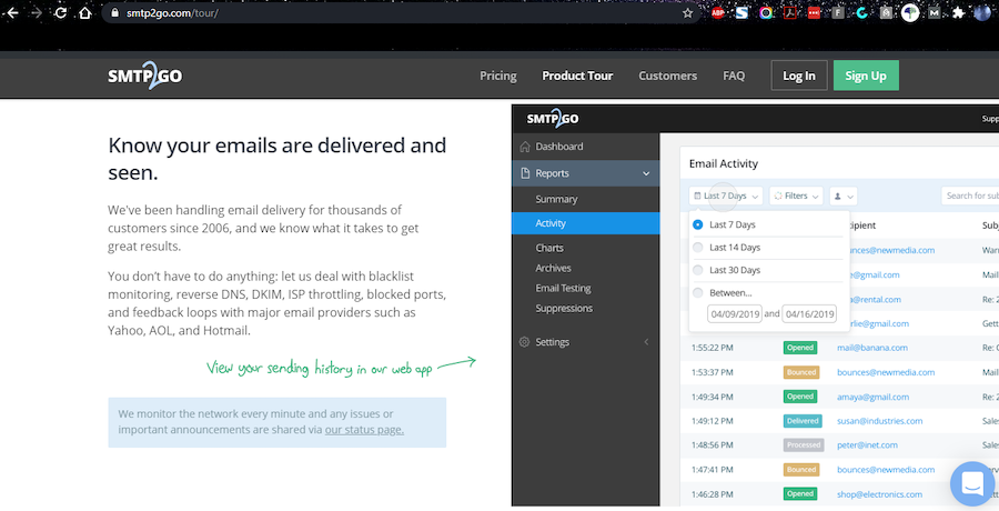 SMTP2GO website showing activity tracking reports