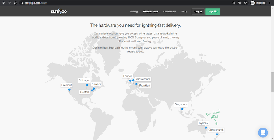 SMTP2GO Website showing multiple global servers